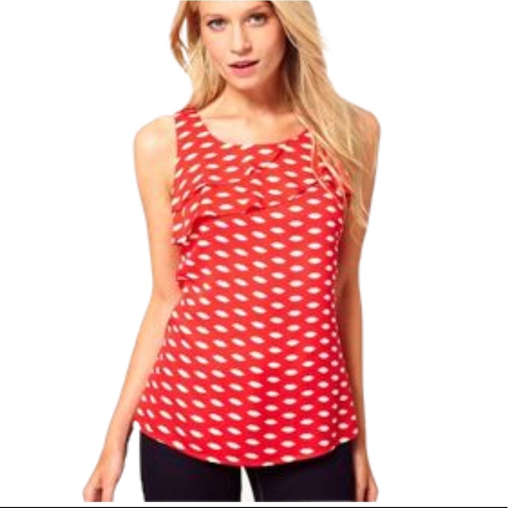 OASIS Lip Print Sleeveless Top/Blouse W Asymmetrical Ruffle Detail Red/White 6